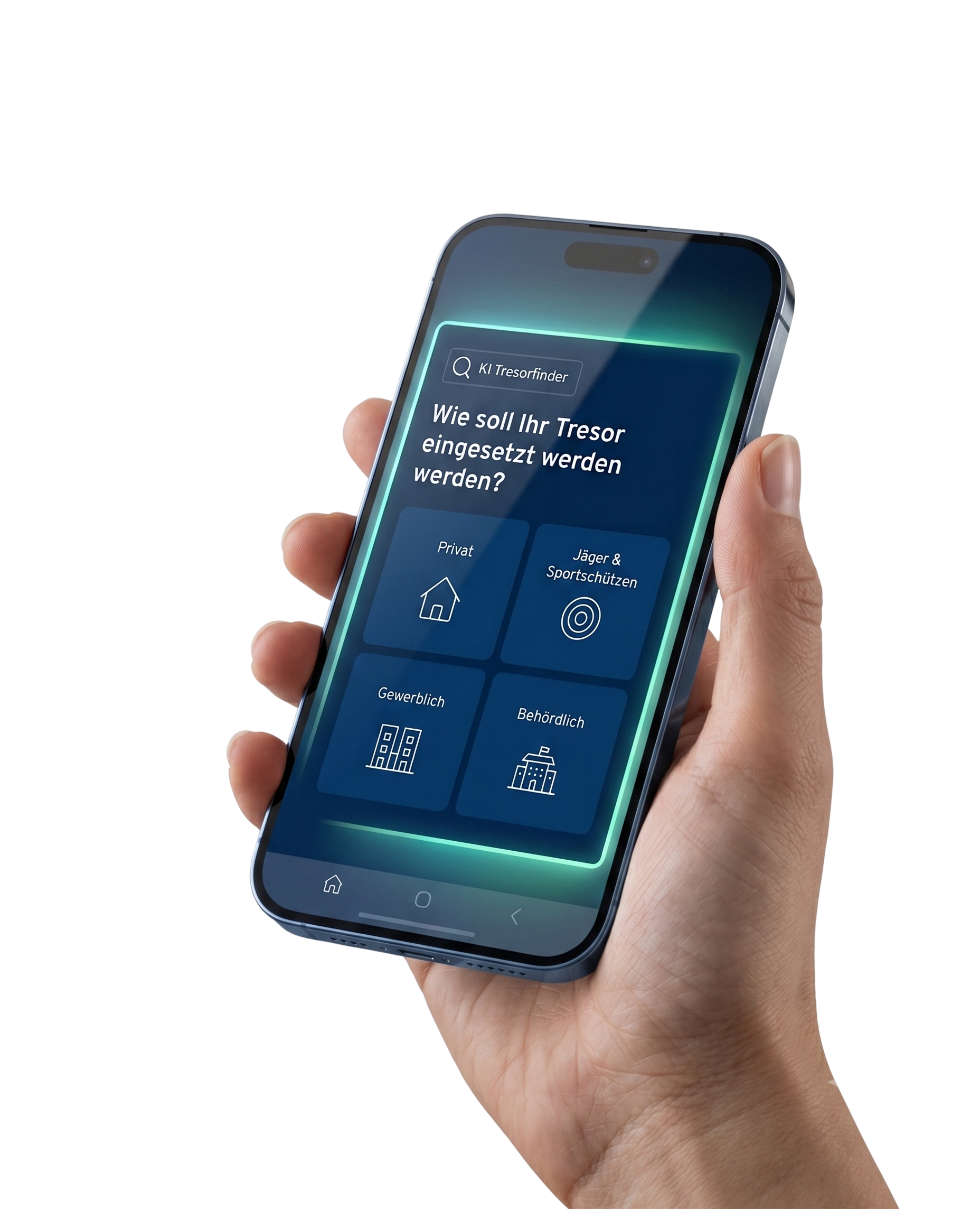 Smartphone mit dem KI-Tresorfinder: Auswahl des Einsatzzwecks Privat, Jäger & Sportschützen, Gewerblich oder Behördlich