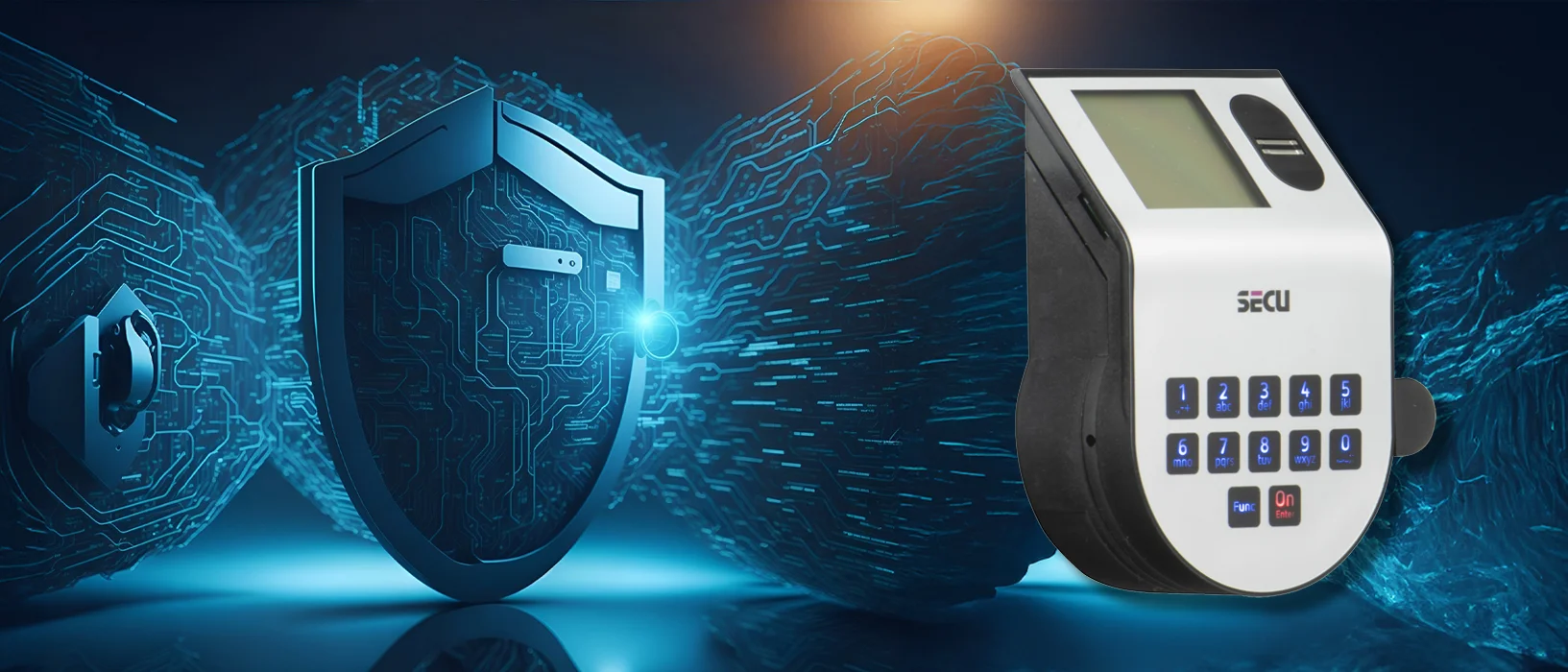 Elektronisches SECU-Tresorschloss mit Display, Fingerabdruckscanner und beleuchteter Tastatur vor digitalem Schutzschild