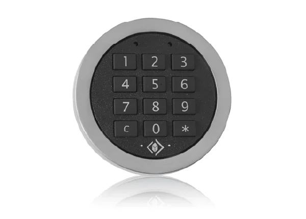 Elektronikschloss E70200 mit runder Zifferntastatur und silbernem Rahmen