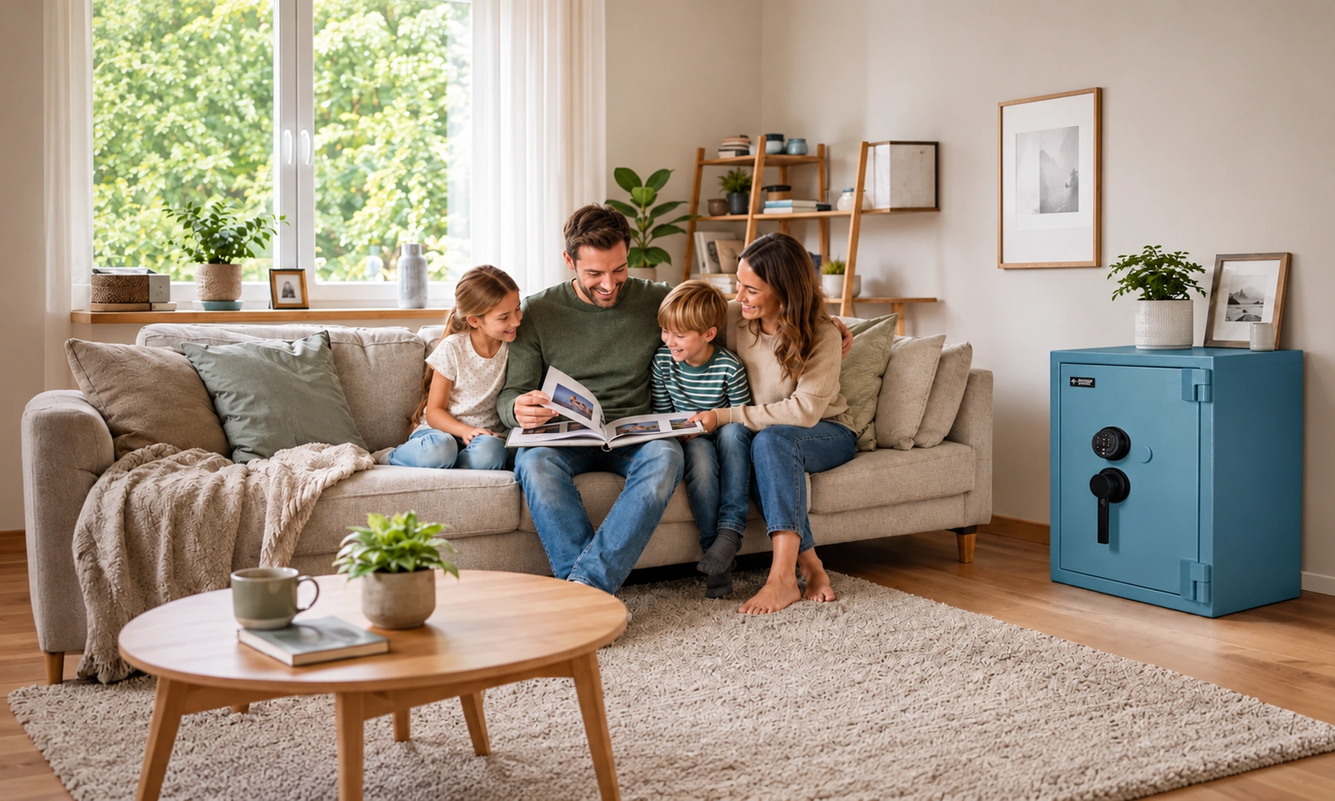 Familie liest gemeinsam auf dem Sofa im Wohnzimmer, daneben steht ein blauer Wertschutzschrank
