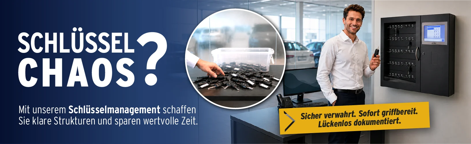 Banner „Schlüsselchaos?“: Schlüssel lose in einer Kiste, daneben Mann mit Autoschlüssel vor elektronischem Schlüsselschrank; Text „Sicher verwahrt. Sofort griffbereit. Lückenlos dokumentiert.“