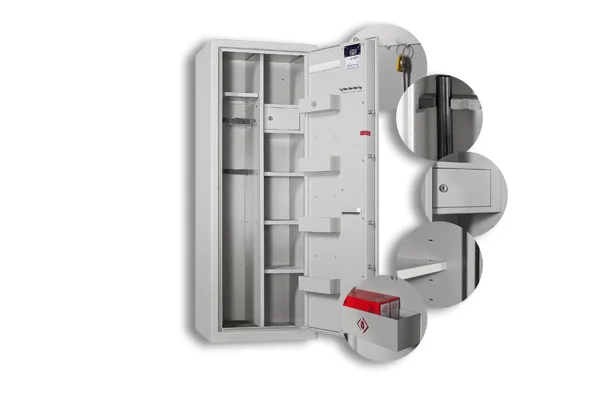 Geöffneter modularer Waffenschrank Flex mit Detailansichten der Innenausstattung