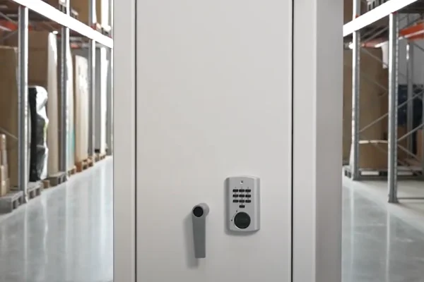 Weiße Tresortür mit elektronischem Tastenschloss und Griff in einer Lagerhalle