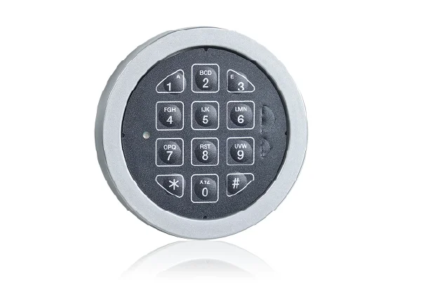 Elektronikschloss E35 mit runder Tastatur, Buchstaben auf den Zifferntasten und silbernem Rahmen