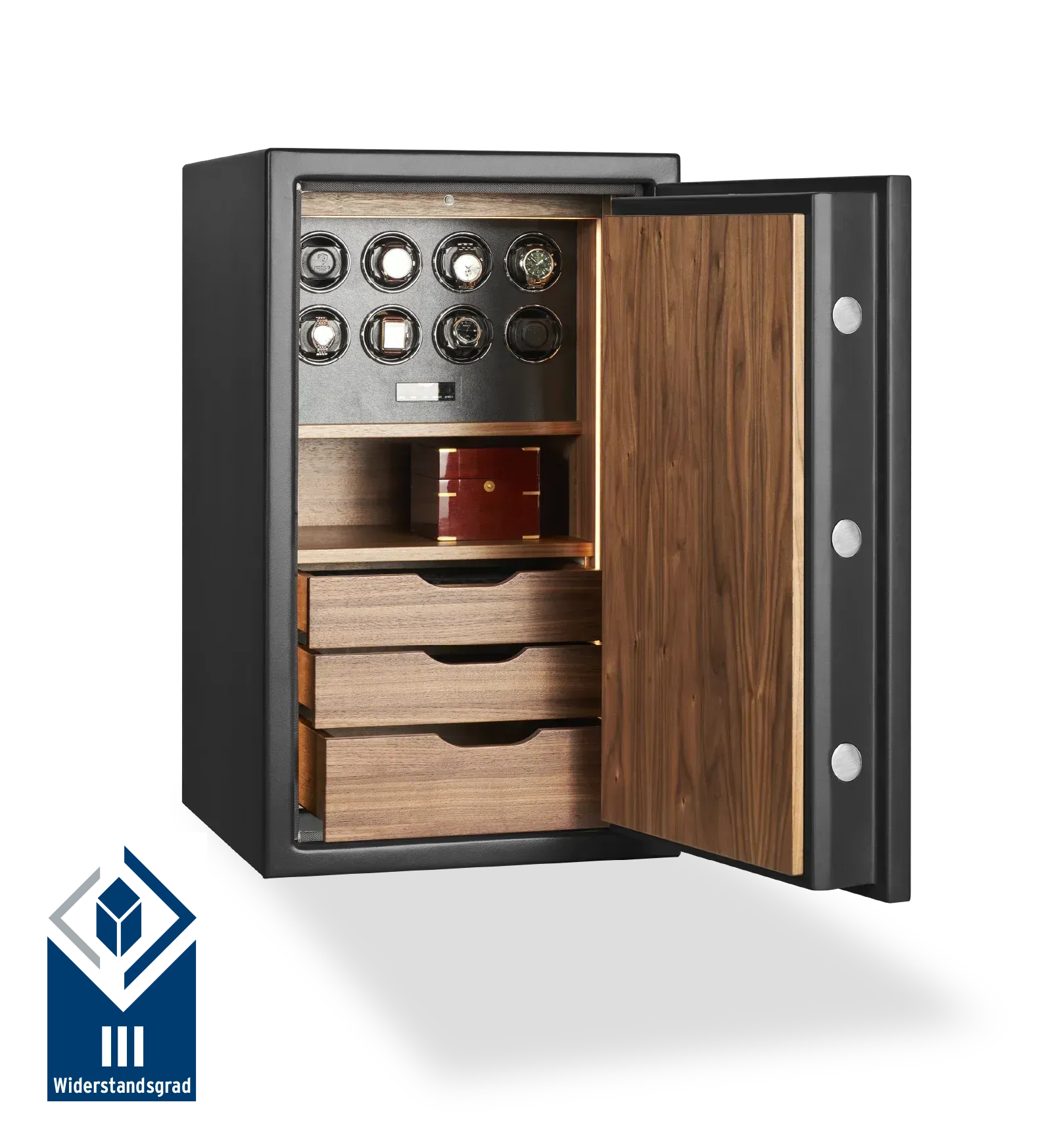 Schwarzer SIGNATURE SAFE, geöffnet, mit Nussbaum-Innenausstattung und Uhrenbewegern; Prüfzeichen Widerstandsgrad III