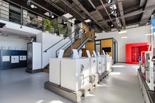 Showroom von HARTMANN TRESORE in Polen mit weißen Tresoren auf Sockeln, einem roten Tresor und Galerie mit Treppe