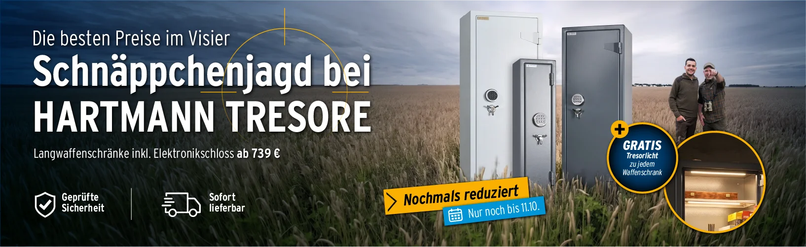 Zwei Waffenschränke und zwei Jäger in einem Feld; Text: Schnäppchenjagd bei HARTMANN TRESORE – Langwaffenschränke inkl. Elektronikschloss ab 739 €, gratis Tresorlicht zu jedem Waffenschrank, nur noch bis 11.10.