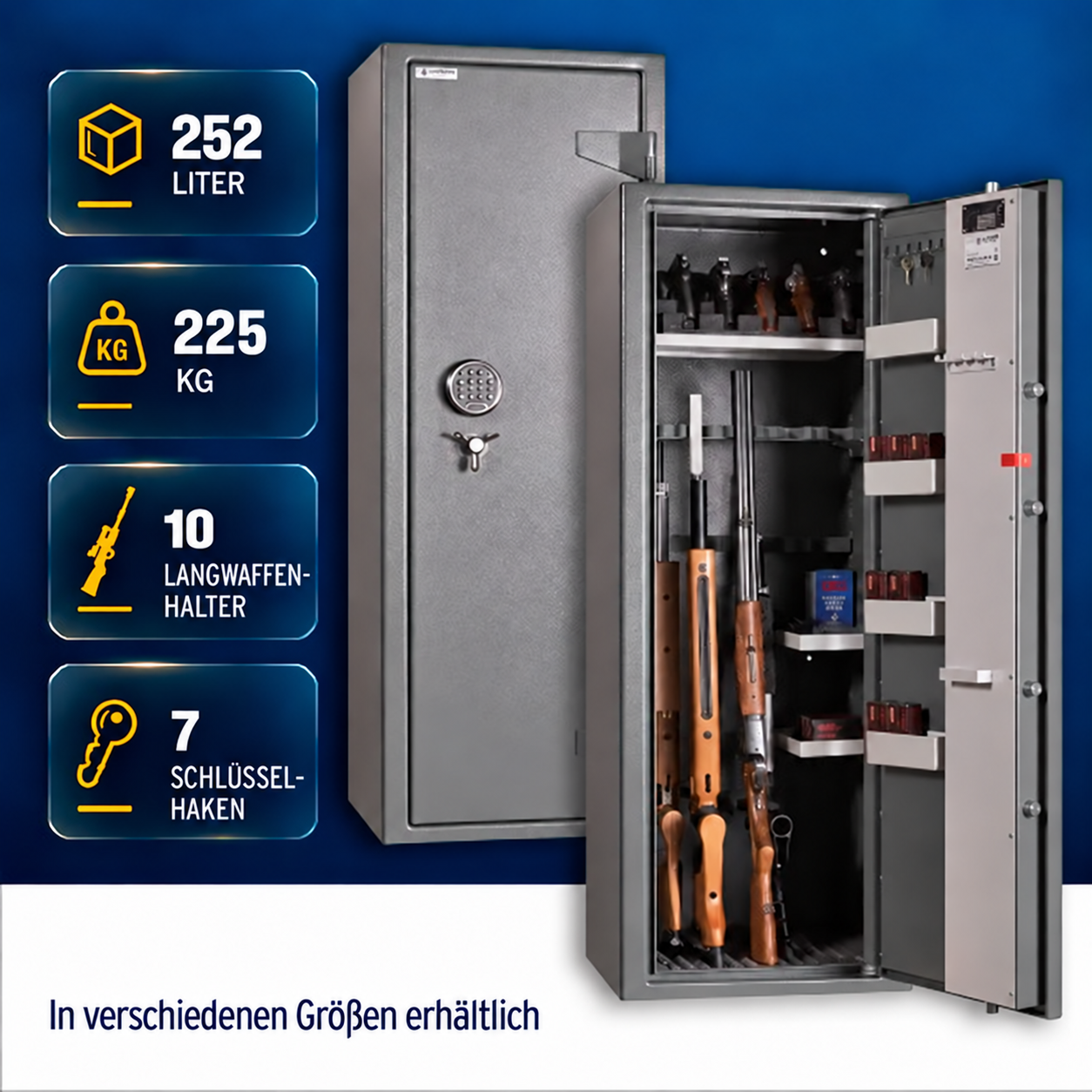 Infografik: Waffenschrank Konstantin 300 geschlossen und geöffnet mit Langwaffen – 252 Liter, 225 kg, 10 Langwaffenhalter, 7 Schlüsselhaken, in verschiedenen Größen erhältlich