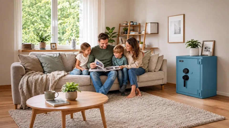 Familie liest gemeinsam auf dem Sofa im Wohnzimmer, daneben steht ein blauer Wertschutzschrank