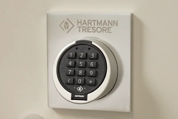 Nahaufnahme des Elektronikschlosses E70005 mit Zifferntastatur auf Blende mit HARTMANN TRESORE Logo