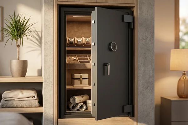 Geöffneter Tresor in einem Wandschrank mit Uhrenbewegern, Schmuckschubladen, Schatulle und Dokumentenrollen