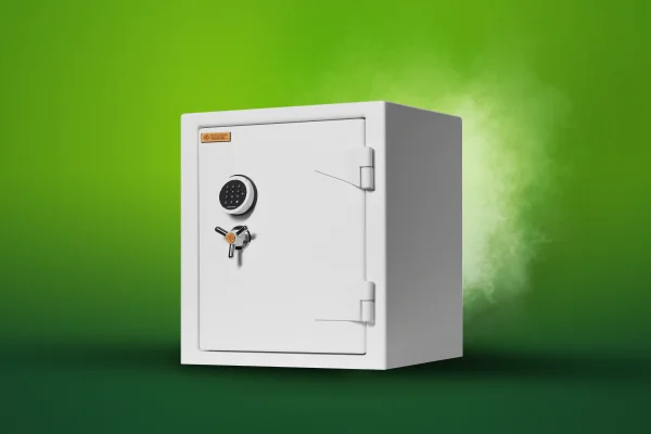 Weißer Wertschutzschrank der Serie GREENITY mit Elektronikschloss und Dreisterngriff vor grünem Hintergrund
