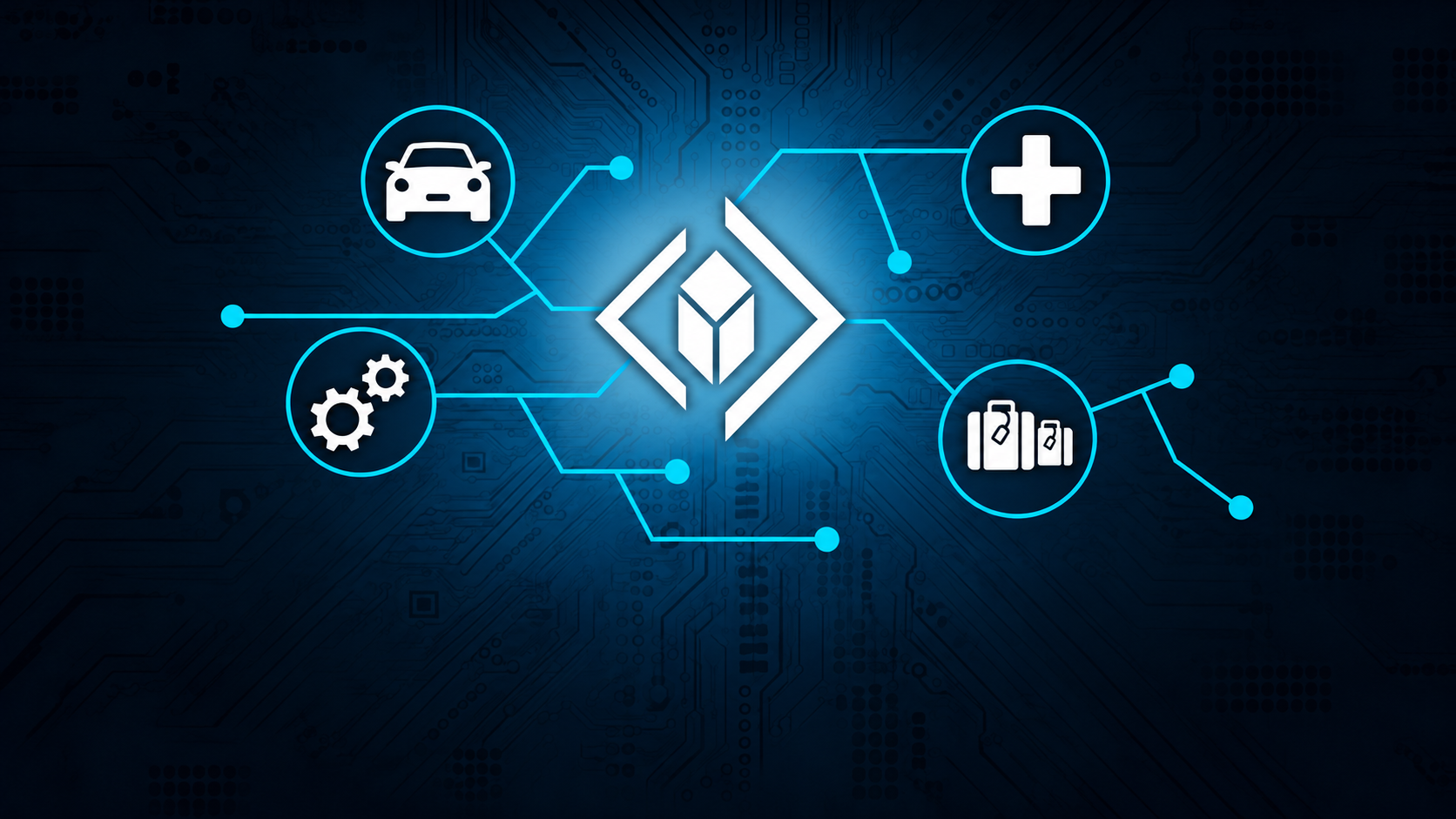 HARTMANN TRESORE Logo im Zentrum eines Netzwerks mit Symbolen für Automobil, Medizin, Technik und Reise