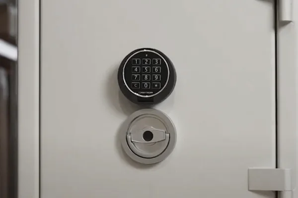 Elektronikschloss E70400 mit schwarzer Zifferntastatur über einem Drehgriff an einer hellgrauen Tresortür