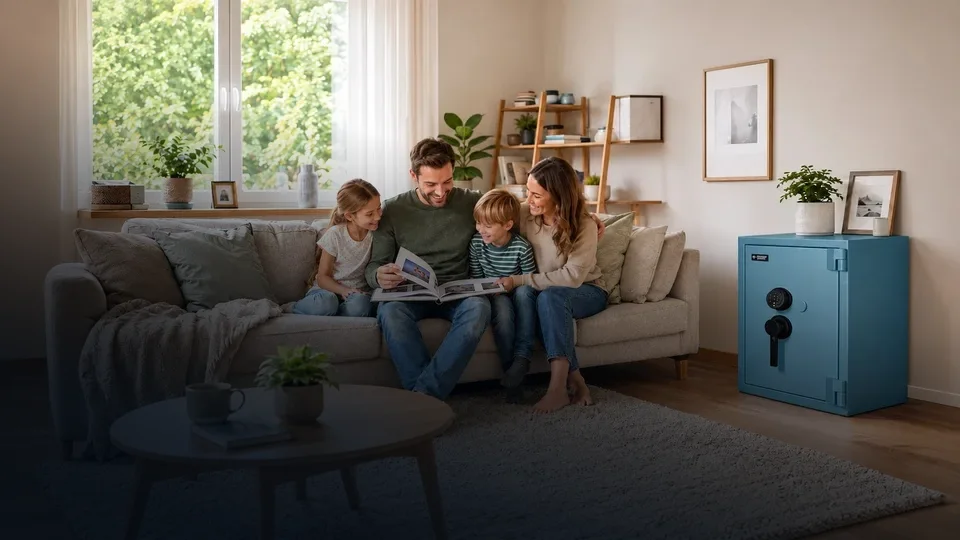 Familie liest gemeinsam auf dem Sofa im Wohnzimmer, daneben steht ein blauer Wertschutzschrank