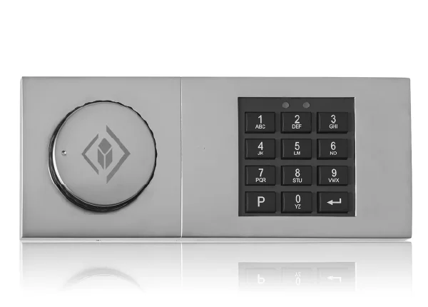 Elektronikschloss E60012 mit silberner Blende, Drehknauf mit HARTMANN Raute und Zifferntastatur