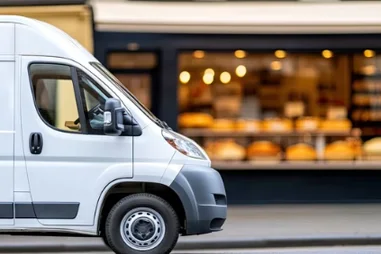 Weißer Transporter steht vor einer Bäckereifiliale