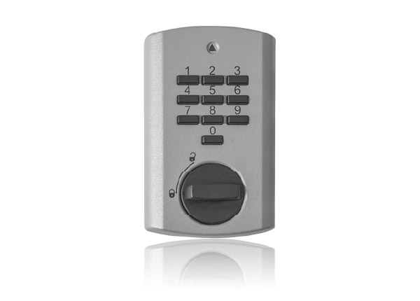 Elektronikschloss E50000 mit Zifferntastatur und Drehknauf im grauen Kunststoffgehäuse