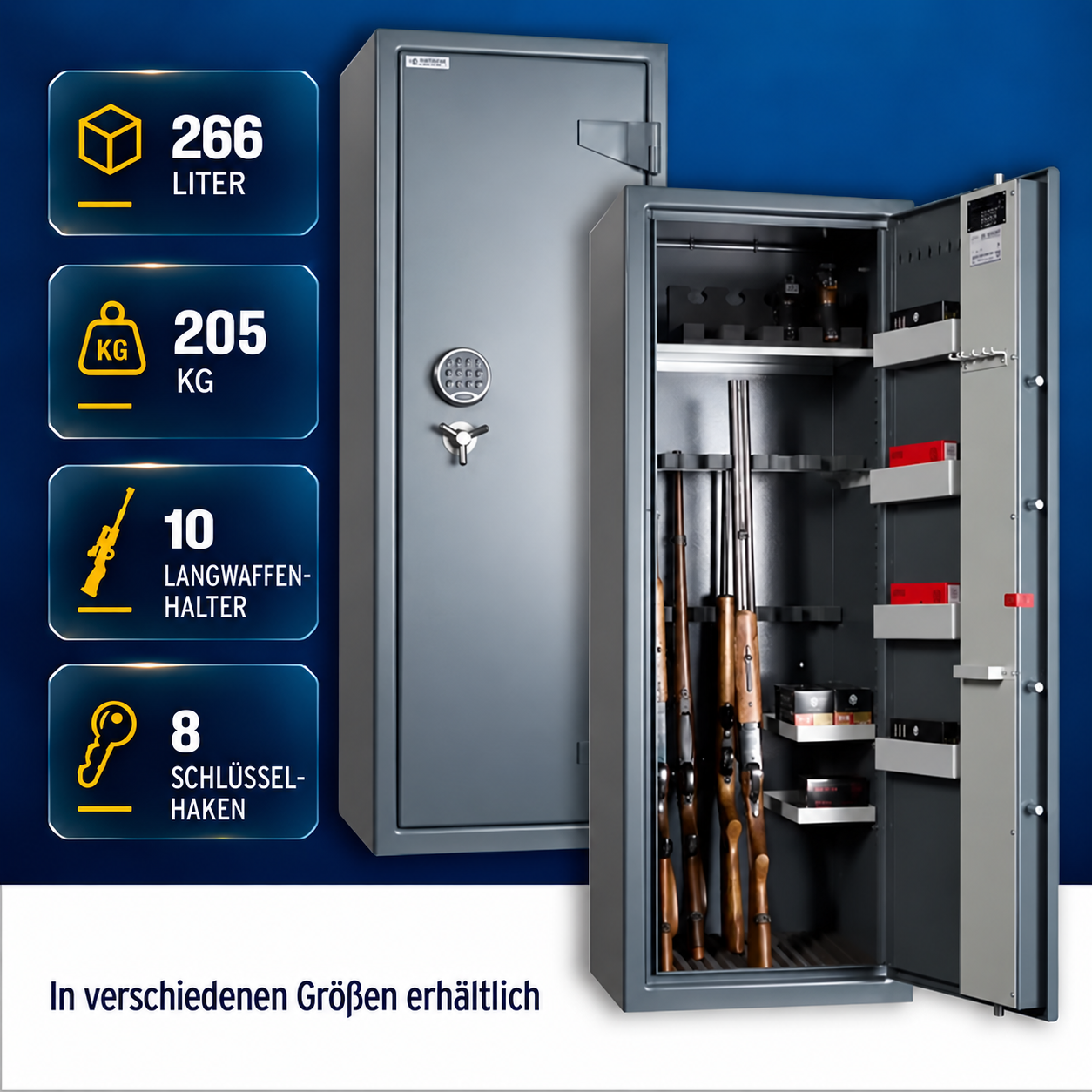 Infografik: Waffenschrank Oskar 300 geschlossen und geöffnet mit Langwaffen – 266 Liter, 205 kg, 10 Langwaffenhalter, 8 Schlüsselhaken, in verschiedenen Größen erhältlich