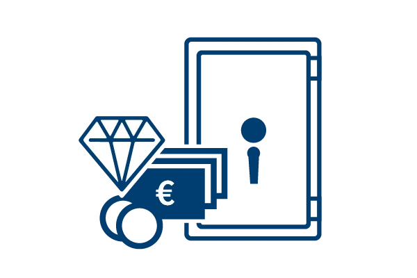 Symbol für Wertschutzschrank mit Diamant, Geldscheinen und Münzen