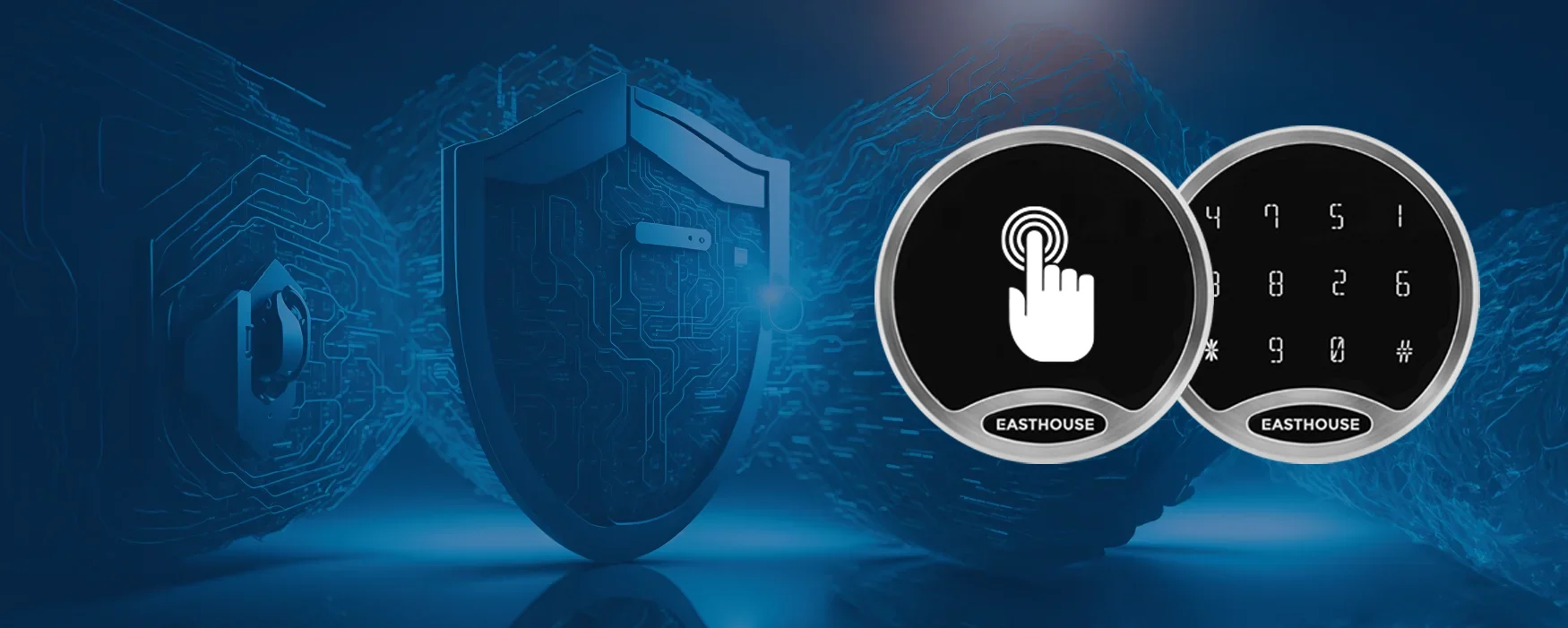 Zwei Undercover-Touchschlösser von EASTHOUSE, eines mit Fingersymbol, eines mit Zifferanzeige, vor digitalem Schutzschild