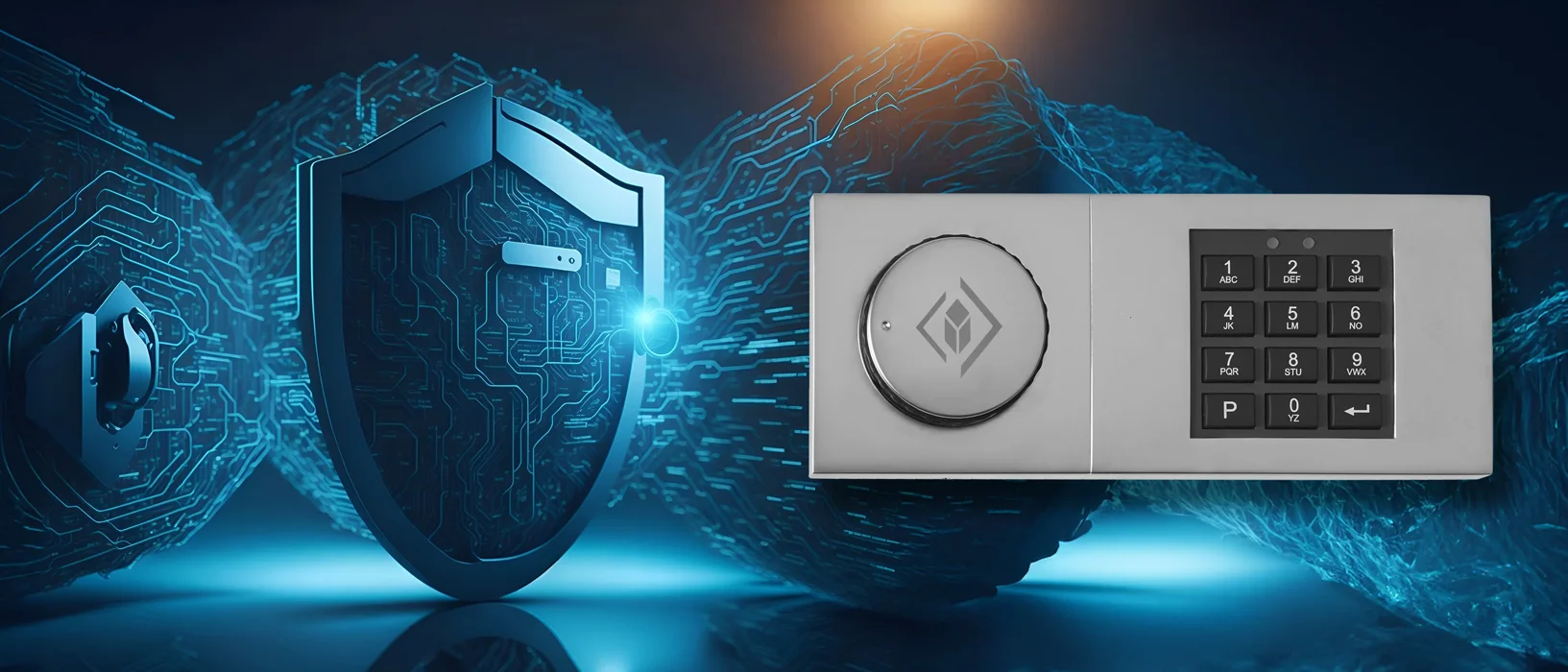 Elektronisches Tresorschloss mit Drehknauf und Zifferntastatur vor digitalem Schutzschild
