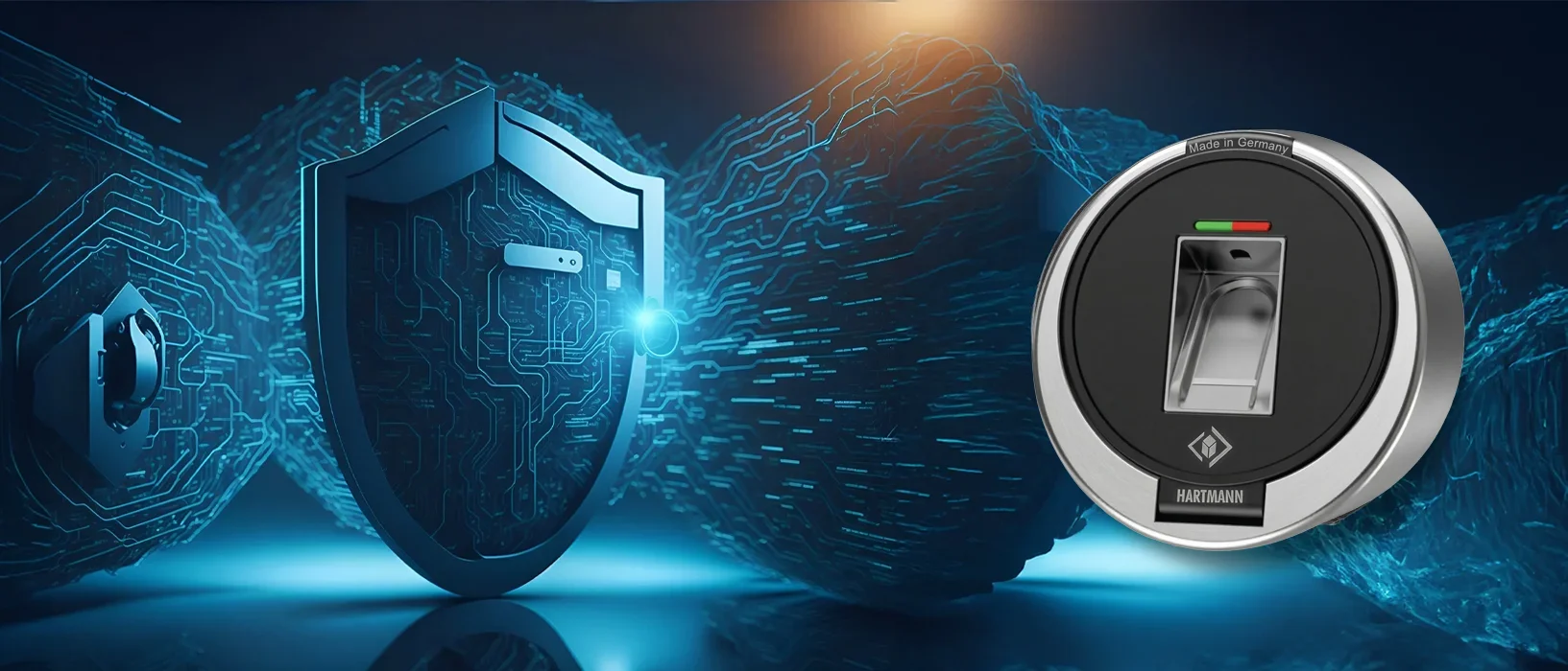 Biometrisches Tresorschloss FinKey von HARTMANN mit Fingerabdrucksensor vor digitalem Hintergrund mit Schutzschild