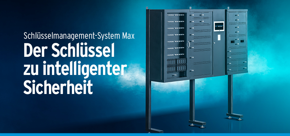 Schlüsselmanagement-System Max mit Schlüsselschrank und Schließfächern vor blauem Hintergrund, Schriftzug „Der Schlüssel zu intelligenter Sicherheit“