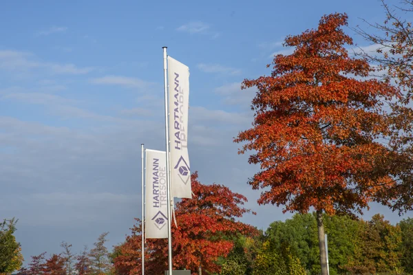 Zwei Fahnen mit HARTMANN TRESORE Logo vor herbstlich gefärbten Bäumen und blauem Himmel