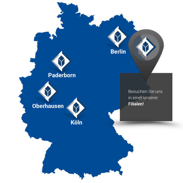 Standorte der Hartmann Tresore AG in Deutschland: Übersichtskarte mit markierten Filialen in Berlin, Paderborn, Oberhausen und Köln. Jetzt einen Tresor direkt vor Ort entdecken!
