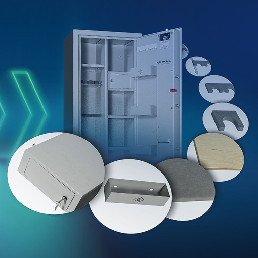 Modularer Waffenschrank von HARTMANN TRESORE mit geöffneter Tür, dargestellt mit austauschbaren Innenelementen wie Waffenhalterungen, Fachböden und Munitionsbox – idealer Tresor für flexible und gesetzeskonforme Waffenaufbewahrung.