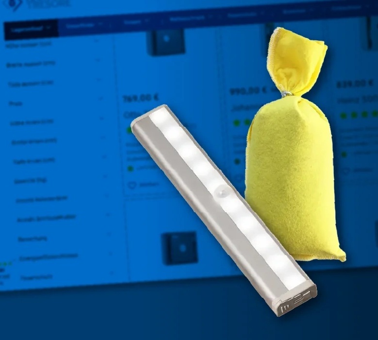 Zubehör für den Tresor: LED-Tresorlicht mit Bewegungssensor und gelbes Trocknungskissen zur Feuchtigkeitsreduzierung – optimale Ergänzungen für die sichere und komfortable Nutzung von Tresoren.